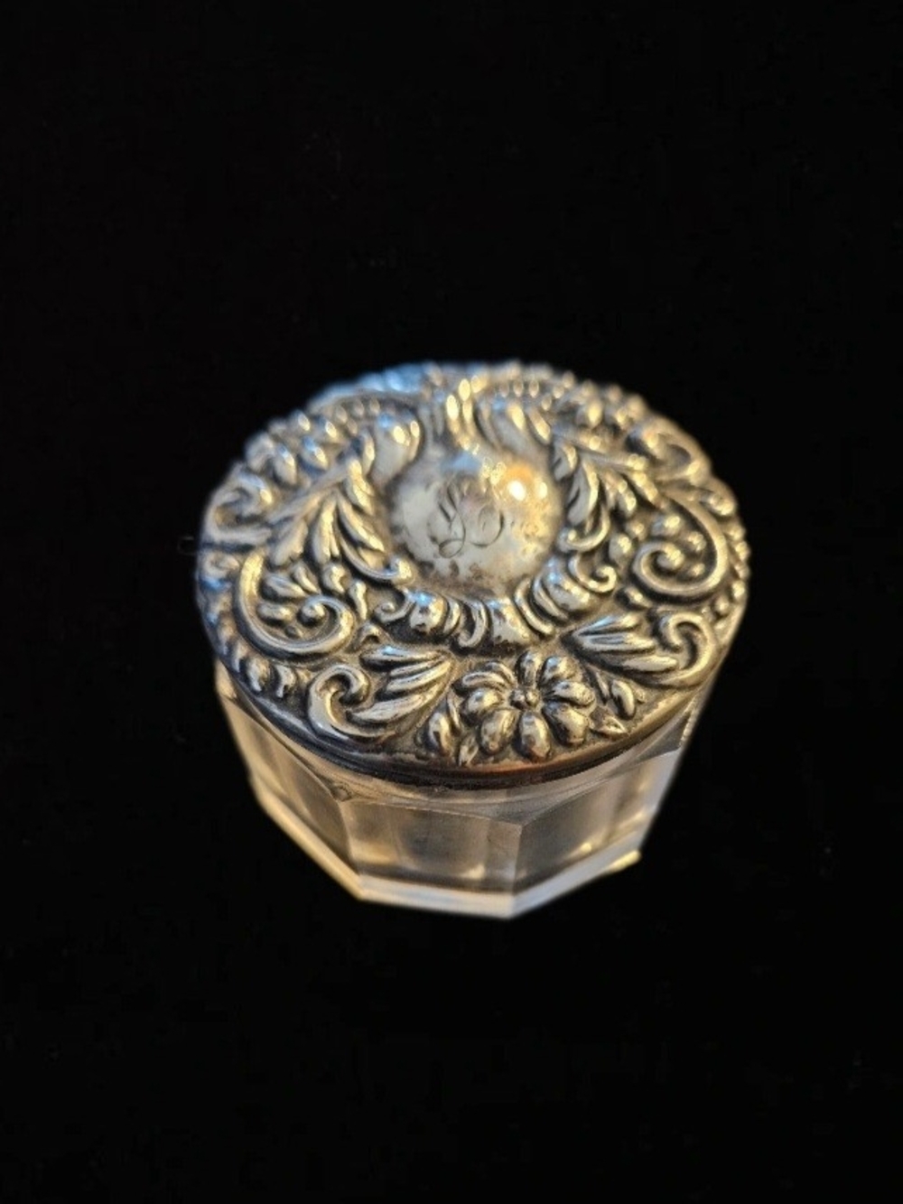 Antique Art Nouveau Sterling Silver Vanity Jar, Octagonal Glass Rouge c. 1900